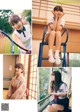 A collage of photos of a woman sitting on a chair.