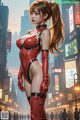 A woman in a red latex outfit standing in the middle of a city.
