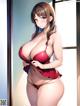 A woman in a red bikini standing by a window.